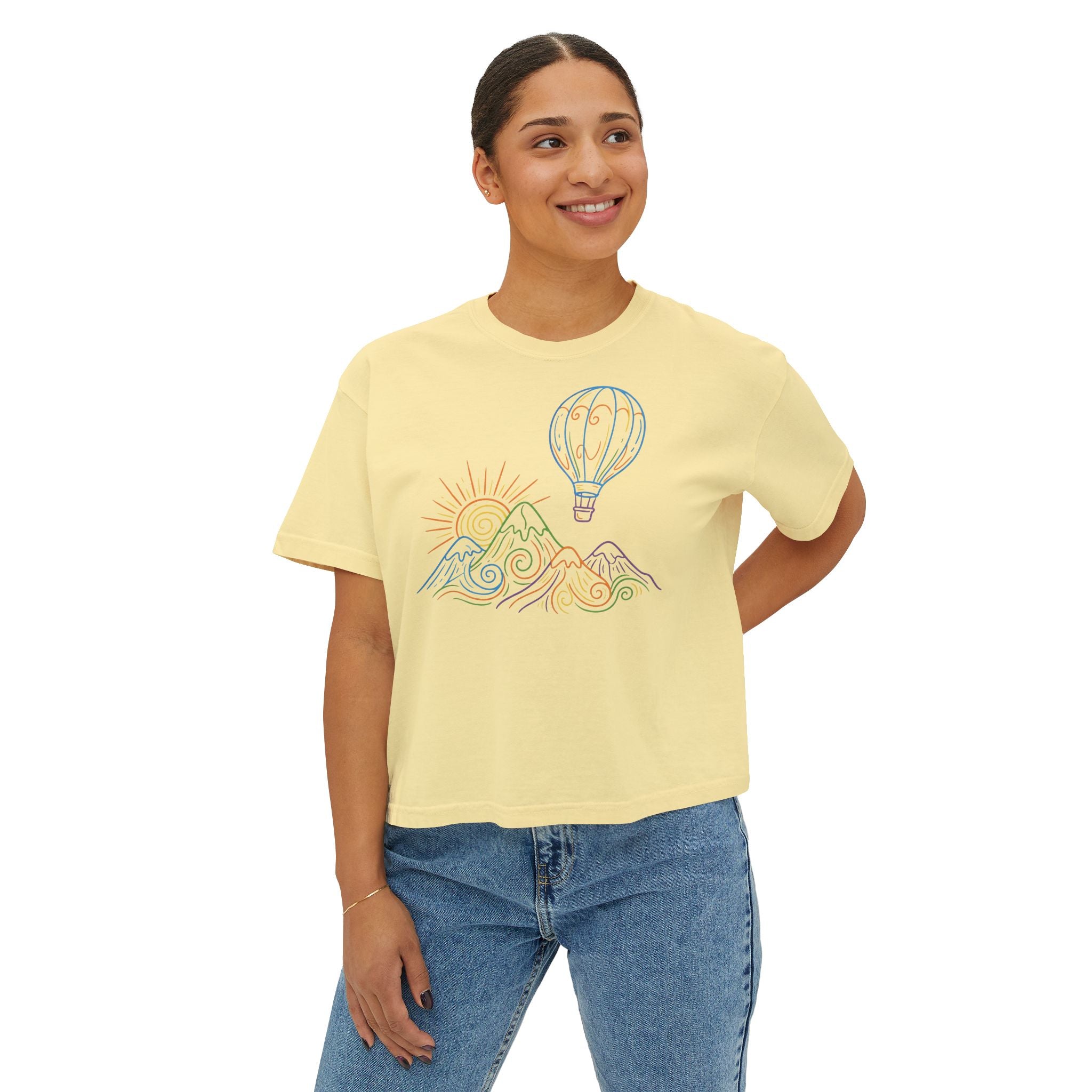 Pastel Hot Air Balloon Mountain Women’s Boxy Tee
