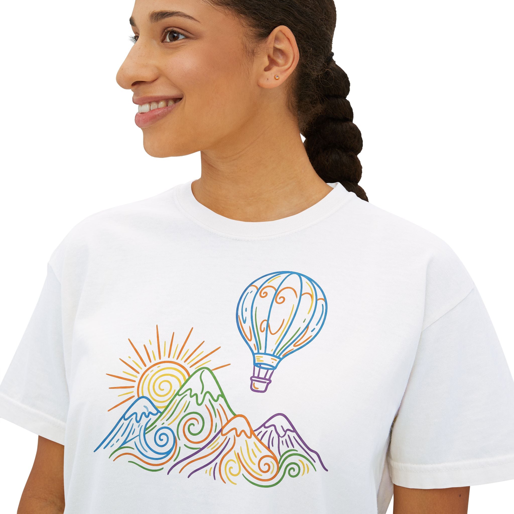 Pastel Hot Air Balloon Mountain Women’s Boxy Tee