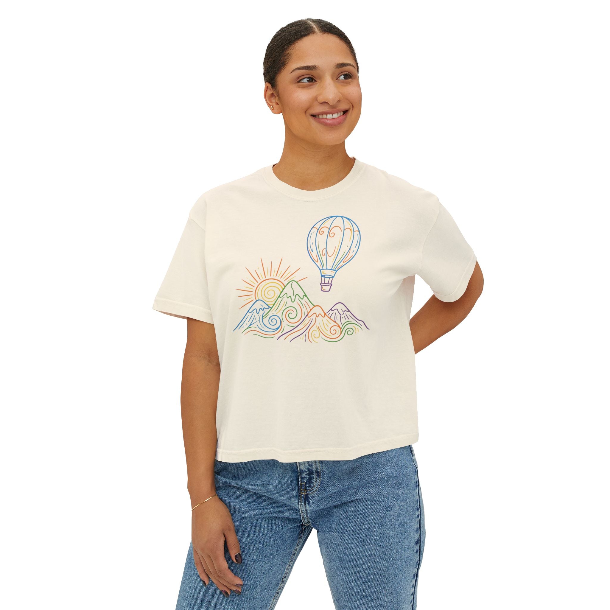 Pastel Hot Air Balloon Mountain Women’s Boxy Tee