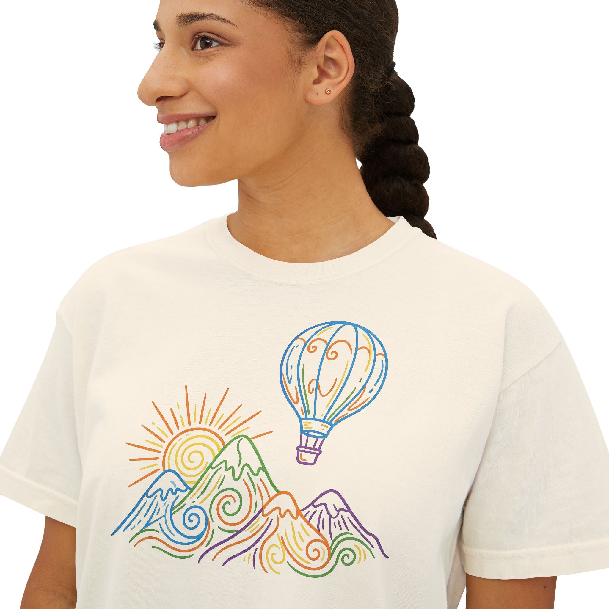 Pastel Hot Air Balloon Mountain Women’s Boxy Tee