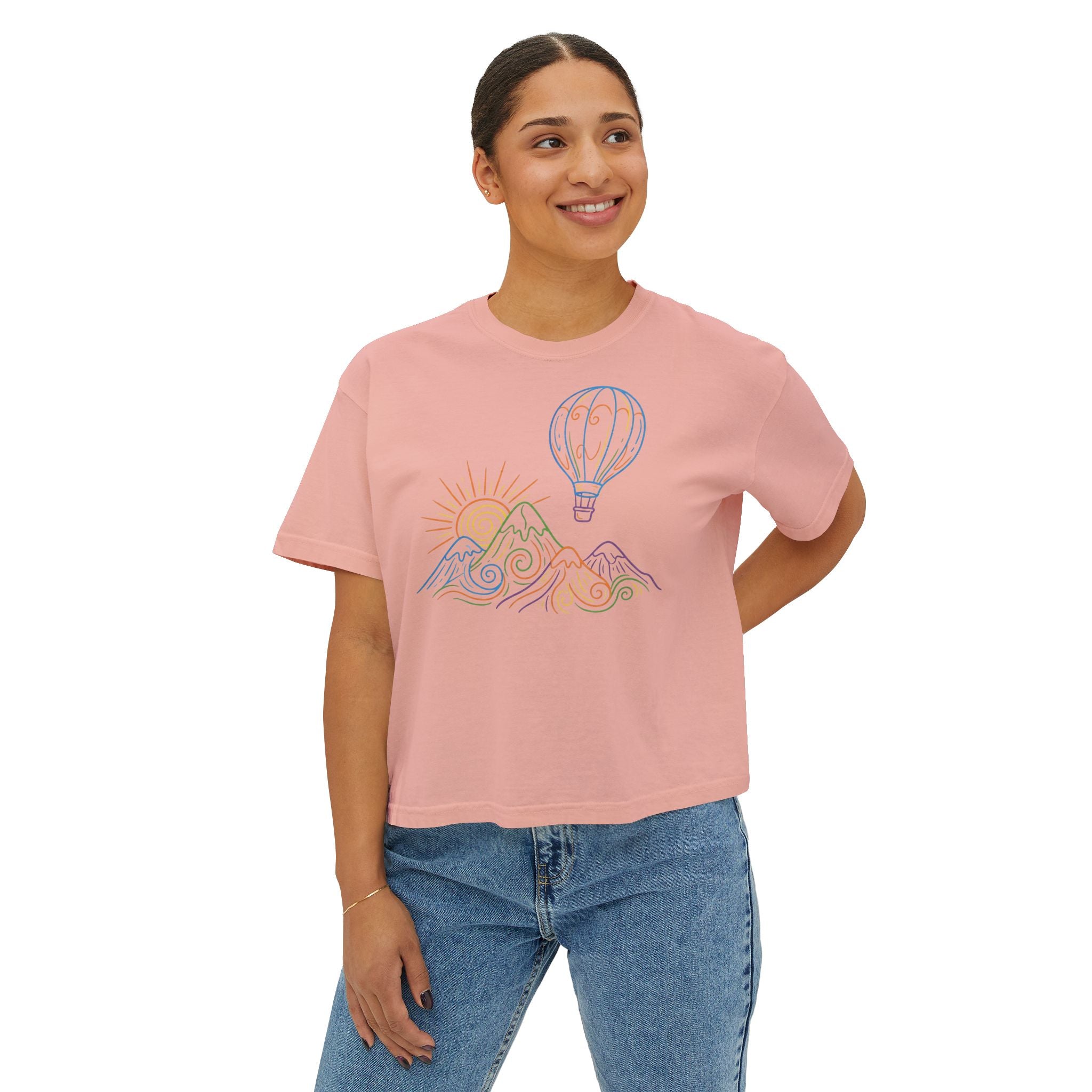 Pastel Hot Air Balloon Mountain Women’s Boxy Tee
