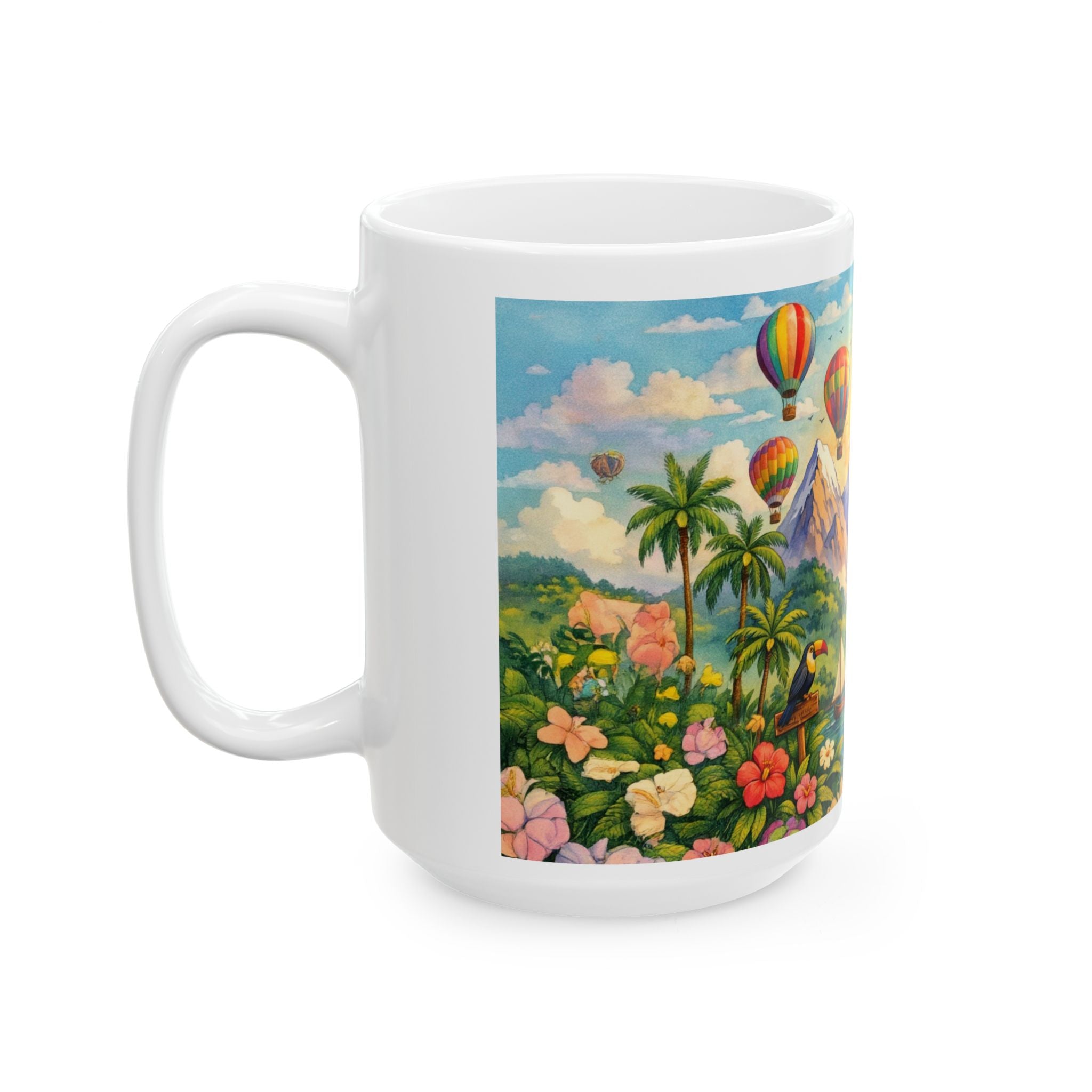 Hot Air Balloon Scenic Ceramic Mug — Colorful Travel Landscape Coffee Cup (11oz/15oz)