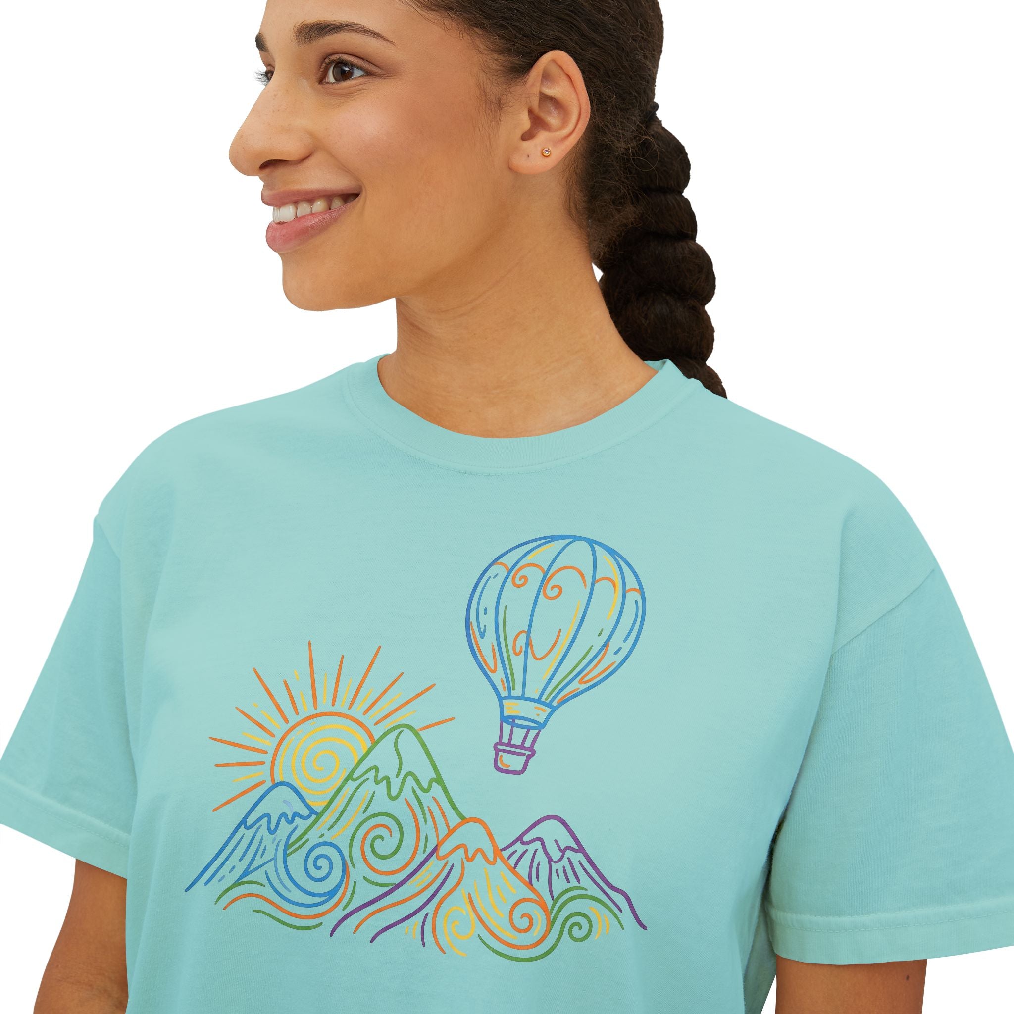 Pastel Hot Air Balloon Mountain Women’s Boxy Tee
