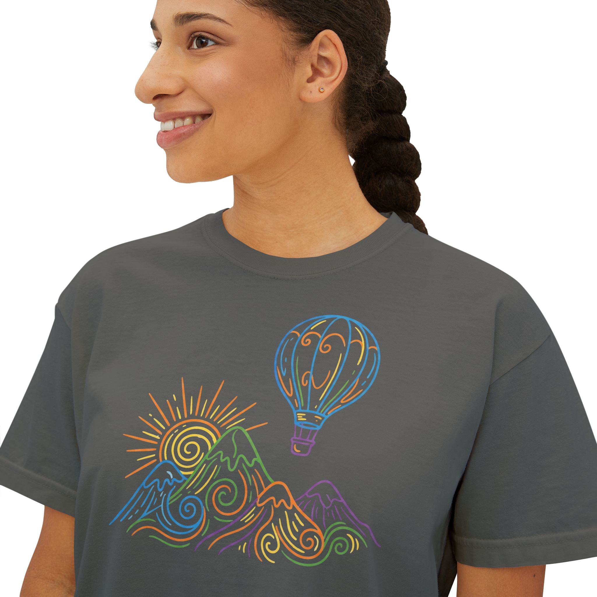 Pastel Hot Air Balloon Mountain Women’s Boxy Tee