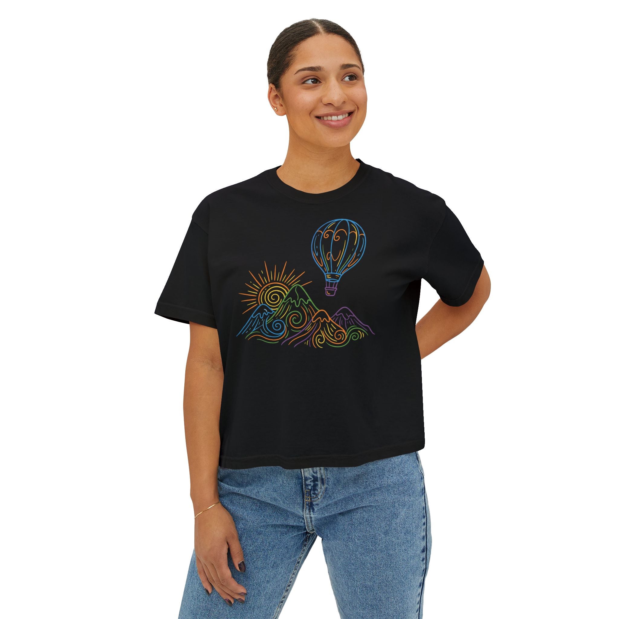 Pastel Hot Air Balloon Mountain Women’s Boxy Tee