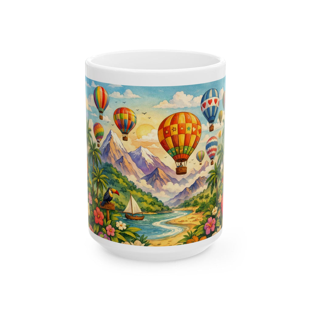 Hot Air Balloon Scenic Ceramic Mug — Colorful Travel Landscape Coffee Cup (11oz/15oz)